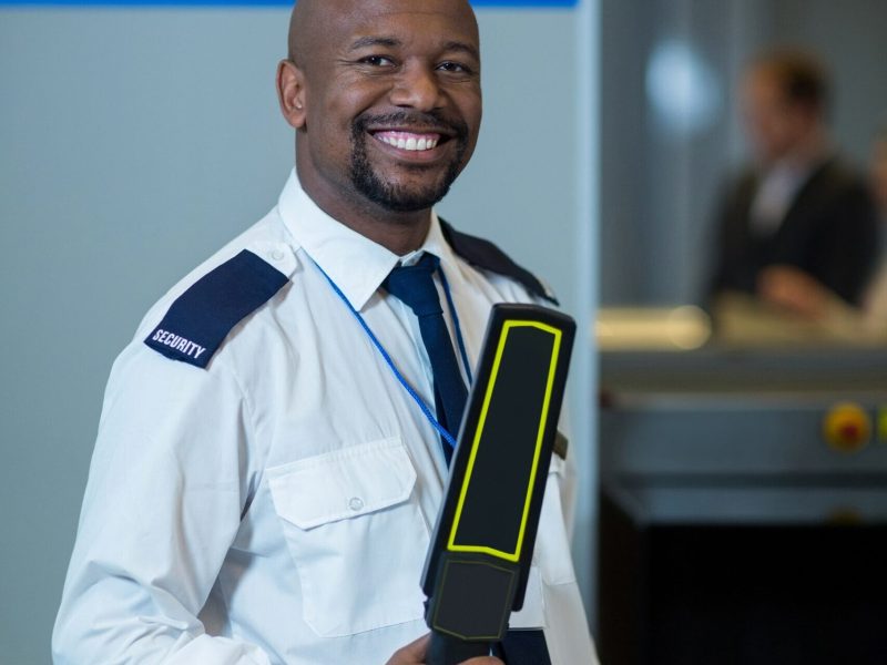 Portrait of smiling airport security officer holding metal detector in airport terminal